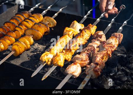 Verschiedene Spieße mit Fleisch und Kartoffeln, die auf Holzkohle gegrillt werden Stockfoto
