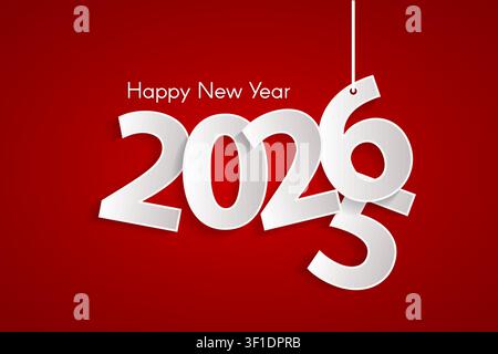 Rotes „Glückliches neues Jahr 2026“-Konzept mit ausgeschnittenen weißen Zahlen auf Seilen. Weihnachts- und chinesisches Neujahrsdekor. Neujahrskarte oder Verkaufskonzept. Vektor i Stock Vektor