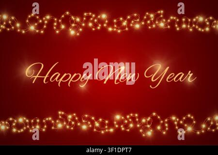 Rotes „Glückliches neues Jahr“-Konzept mit realistischen Girlanden. Weihnachts- und chinesisches Neujahrsdekor. Neujahrskarte oder Verkaufsdesign. Vektorillustration Stock Vektor