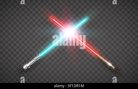Neues realistisches Design roter und blauer gekreuzter Lichtschwerter auf transparentem Hintergrund. Star-Wars-Konzept. Vektorillustration Stock Vektor