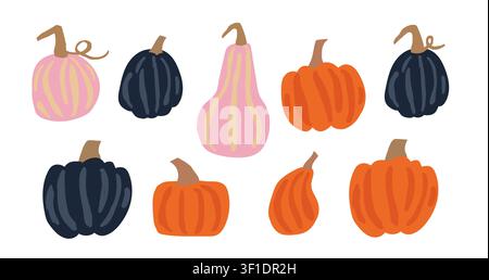 Minimalistischer Kürbisklipart-Satz mit stilvollen orangefarbenen, rosa und schwarzen Kürbissen auf weißem Hintergrund, trendige Halloween- und Herbstkollektion für Erntesaisondekor, Aufkleber, Grußkarten, Scrapbooking, Planer, Verpackungen, Poster und moderne saisonale Designprojekte Stock Vektor