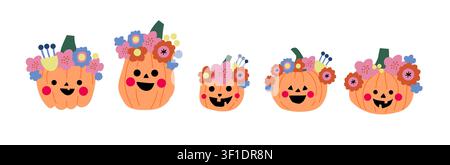 Niedliches Halloween-Kürbisklipart-Set mit lächelnden Jack-o'-Lantern-Charakteren, die Blumenkränze tragen, auf weißem Hintergrund, verspielte Kinderillustrationssammlung für Aufkleber, Kinderzimmereck, Bilderbücher, Grußkarten, Scrapbooking, Klassenraumaktivitäten und saisonale Kinderdesignprojekte Stock Vektor