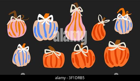 Stilvolles Kürbis-Clipart-Set mit orangefarbenen, rosa und braunen Kürbissen, die mit Schleifen verziert sind, auf einem schwarzen Hintergrund, trendige Halloween- und Erntesammlung für Aufkleber, Grußkarten, Scrapbooking, Planer, Verpackungen, Poster, saisonale Dekoration und moderne kreative Projekte Stock Vektor