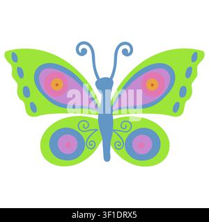 Ein Schmetterling mit grünen Flügeln und rosa-blauen Mustern. Vektorillustration isoliert auf weißem Hintergrund. Stock Vektor