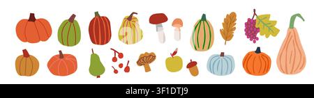 Herbsternte-Clipart-Set mit Kürbissen, Trauben, Äpfeln, Birnen, Eicheln, Pilzen, Beeren und saisonalem Laub in warmen Herbstfarben, vielseitige Sammlung für Aufkleber, Verpackungen, Scrapbooking, Grußkarten, Planer, Küchendekoration, Branding und gemütliche Herbstdesign-Projekte Stock Vektor