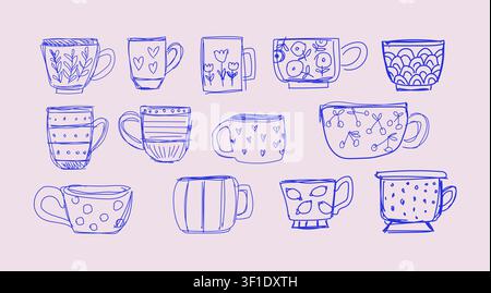 Umrissbecher-Clipart-Set mit handgezeichneten Teetassen, Kaffeetassen und stilvollen Getränkezeichnungen im eleganten Federzeichnungsstil, minimalistische Sammlung für Aufkleber, Branding, Verpackung, Scrapbooking, Planer, Cafés, Küchendekoration und moderne Designprojekte Stock Vektor