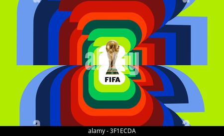 Redaktionelle Illustration mit dem FIFA-Weltmeisterschaftspokal auf einem farbenfrohen abstrakten geometrischen Hintergrund. Erstellt für Nachrichten, Sport und veranstaltungsbezogene Redaktion Stock Vektor
