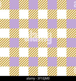 Modernes geometrisches Karomuster ohne Ende mit lavendelfarbenen Quadraten und gelben diagonalen Streifen. Stockfoto