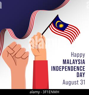 Malaysia-Tag der Unabhängigkeit Social-Media-Beitrag mit Händen, die eine Flagge halten Stock Vektor