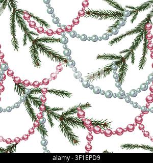 Weihnachtliches nahtloses Muster aus Tannenwedeln und Tannendekorationen. Handgezeichnete Aquarellillustration. Für Weihnachtsverpackungen, saisonale Feiertage Stockfoto