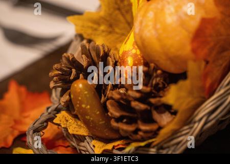 Ein warmes Nahaufnahme-Foto eines geflochtenen Weidenkorbs gefüllt mit kleinen dekorativen Kürbissen, Flaschenkürbissen, Tannenzapfen und lebhaften Herbstblättern Stockfoto