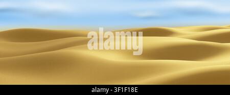 Realistische Landschaft mit goldenen Sanddünen unter blauem Himmel. Vektorillustration einer 3D-arabischen Szene mit gelben Hügeln und sandigen Wellen, heißer Sommerstrand, schöne glatte Landschaft auf einer sonnigen Insel Stock Vektor