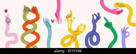 Flexible Cartoon-Arme mit ausdrucksstarken Gesten, elastische, gestreckte Hände, die Liebe, Freundschaft und positive Zeichen in lebendigen Farben zeigen. Vektordarstellungen für Kurven, isoliert auf weißem Hintergrund. Stock Vektor