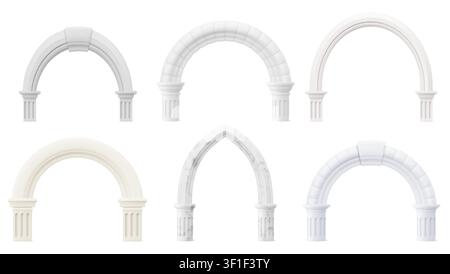 Antike römische Bögen, isoliert auf dem Hintergrund. Vektor-realistische Illustration von klassischen weißen Steinsäulen und Säulendetails, 3D griechischer Marmor Formgateways, elegante Präsentationsdesign-Elemente Stock Vektor
