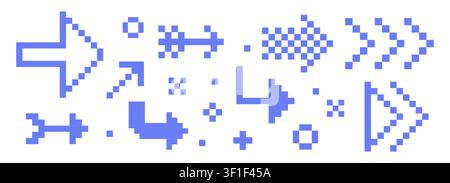 Blaue Pfeilsymbole im Retro-Stil mit Pixeln im 8-Bit-Arcade-Stil Y2K. Symbolgruppe der Schnittstelle. Geometrische Spieltasten und Retro-Spielzeiger. Trendige digitale Kollektion. Vektorabbildung Stock Vektor