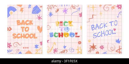 Zurück-zur-Schule-Plakate mit handgezeichneten Kindersymbolen, Buchstaben mit Buntstifttextur auf Papierhintergrund. Kinder-Doodle-Stil-Karten mit verspielten Kreidetuschen für fröhliches Grundschuldesign Stock Vektor
