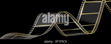 Goldener Filmstreifen rollt sich auf schwarzem Hintergrund isoliert. 3D-realistisches Vektordesign einer dynamischen Kinoleiste für Filmplakate, Festivalbanner. Hollywood ro Stock Vektor