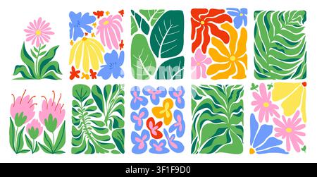 Abstrakte ausgeschnittene Blumenmuster mit organischen Formen, Doodle-Blumen, tropische Palmblätter, vektorisierter trendiger botanischer Hintergrund. Moderne Boho-Kunst für Cont Stock Vektor