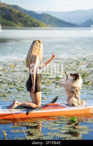 Junge blonde Frau steht auf einem SUP-Board mit blauem Merle Shetland Sheepdog an einem malerischen Bergsee. Hochwertiges Foto Stockfoto