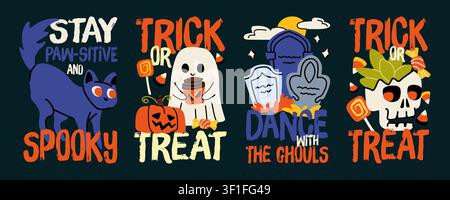 Groovy Halloween gruselige Aufkleber handgezeichneter Vektor-Set für Druckdesign Stock Vektor