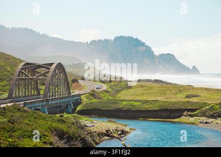 Auto fährt entlang der schönen nebligen Küste von Oregon Stockfoto