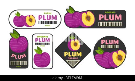 Pflaumendruck-Aufkleber-Set. Handgezeichnete lustige bunte Bio-Badges mit frischem natürlichem Stempel oder Hintergrund für Markt, Lebensmittelladen und Bauernladen. Vintage-Poster-Vektor-Illustrations-Set Stock Vektor