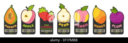 Lustige Fruchtaufkleber-Sammlung. Vintage-Cartoon-Handgezeichnete Textur, farbenfrohes organisches Natur-Logo, Barcode-Stempel für Markt- und Lebensmitteldesign. Sommer-Druckabzeichen. Vektor-Illustrationsset Stock Vektor