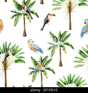 Nahtloses Muster mit tropischen Palmen, Papageien-Arara, Toco-Tukan. Aquarell handgezeichneter Reisenbaum, Vögel. Isolierter Banner, Rahmenillustration auf Stockfoto