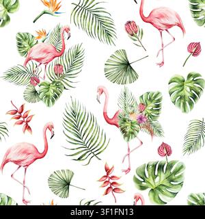 Rosa Flamingovogel, Palmenblätter, Monstera und Strelitzia, Protea, rote Anthuriumblüten. Aquarell handgezeichnet isolierte Illustration auf Stockfoto
