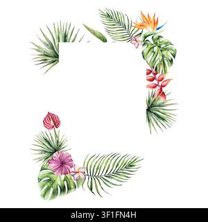 Tropischer Palmenrahmen, Monstera- und Strelitzia-Vorlage, Logo, Frangipani, Hibiskusblüten. Aquarellhandgezeichnete Heliconia-Postkarte, Plumeria Stockfoto