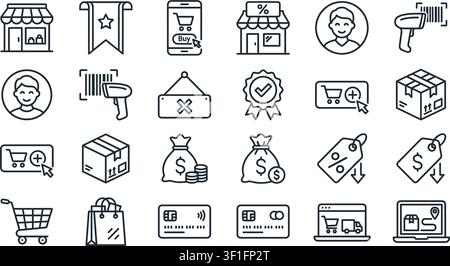 Einkaufs-Web-Icons im Linienstil. Online-Shop, digitales Marketing, Lieferung, Gutschein, Rabatt, Bankkarte, Geschenk, Shop-Sammlung. Stock Vektor
