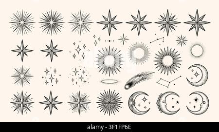 Vintage handgezeichnete Sterne, Funken und kosmische Glanz-Dekorationsformen-Sammlung. . Stock Vektor
