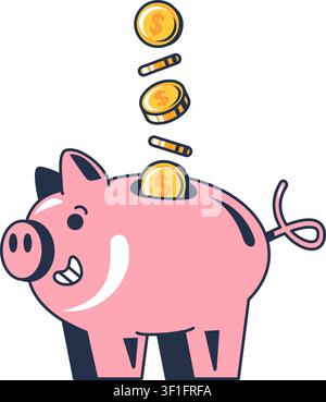 Schweinebank mit fallenden Münzen flache Illustration, die das Sparen von Haushaltsmitteln und persönlichem Vermögen darstellt Stock Vektor