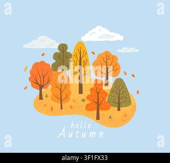 Herbstlandschaft mit Herbstbäumen und leuchtend gefärbten fallenden Blättern. Wunderschöne Herbstpanoramaansicht mit Wolken, Wäldern, Blattfall. Handgezeichnete Wälder mit verschiedenen Formen und Farben. Herbstwald.Vektor Stock Vektor