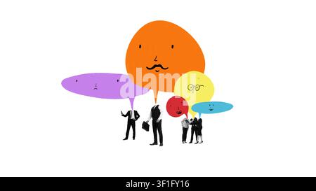 Verschiedene Fachleute mit farbenfrohen Sprechblasen, die die Unternehmenskommunikation darstellen. Stockfoto