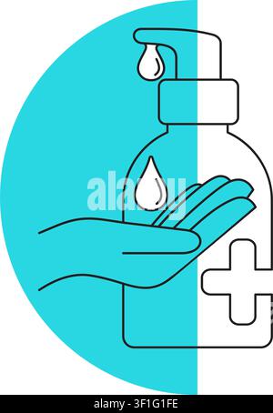 Händedesinfektionsmittel-Symbol mit Flasche, Gel-Tropfen und Hand – Vektor-Piktogramm in dünner Linie und halbkreisförmigem Hintergrund Stock Vektor