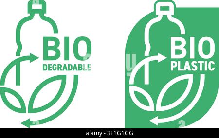 Biologisch abbaubares Bioplastizien-Abzeichen in dünner Linie - Flasche wird zu Pflanzenzweig - umweltfreundliche kompostierbare Materialproduktion - Umwelt Stock Vektor