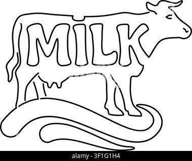 Milchkuh - Milchprodukt-Logo-Vorlage auf blauem Hintergrund mit kalligraphischer Schrift. Vektor-Emblem und Illustration in dünner Linie Stock Vektor