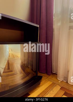 Moderner dunkler TV-Ständer in einem gemütlichen Wohnzimmer Stockfoto