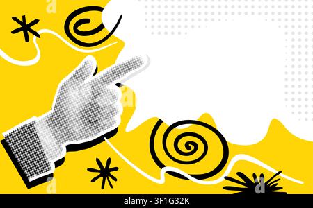 Moderne Collage im Pop-Art-Stil für Poster- oder Bannerdesign. Halbtontenhand, die mit dem Zeigefinger auf den Kopierraum zeigt. Gelber Hintergrund Stock Vektor