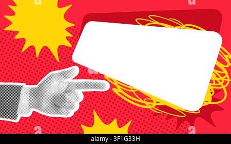 Moderne Collage im Pop-Art-Stil für Plakat- oder Bannerdesign. Halbtontiefe Hand, die mit dem Zeigefinger auf den Kopierbereich zeigt. Roter Hintergrund Stock Vektor