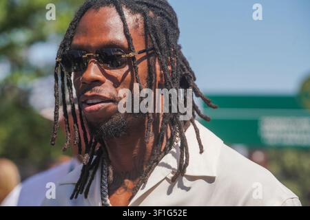 London UK 12. Juli 2026 Britischer Rapper Krept (eigentlicher Name Casyo Johnson) bei seiner Ankunft am Finaltag der Wimbledon Championships Stockfoto