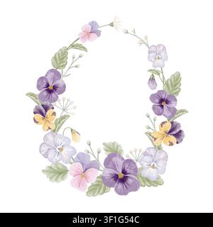 Eleganter Aquarell-Oval-Rahmen mit Veilchen, Gänseblümchen und botanischen Elementen Stockfoto