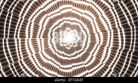 Die Komposition zeigt eine Reihe von Lichtmustern, die in kreisförmigen Gestalten angeordnet sind. Das Design erzeugt einen fesselnden visuellen Effekt, der die Aufmerksamkeit auf sich zieht Stockfoto