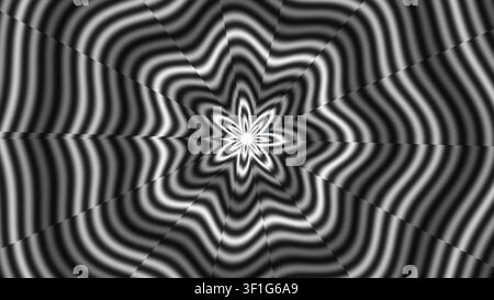 Ein Schwarz-Weiß-Design zeigt wellenförmige Linien, die von einer Sternform in der Mitte ausgehen. Das Muster erzeugt einen auffälligen visuellen Effekt, geeignet für var Stockfoto