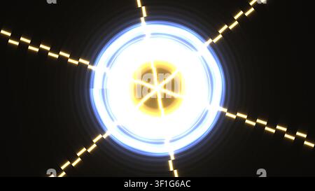 Ein helles kreisförmiges Design zeigt eine zentrale Lichtquelle mit ausstrahlenden Linien und Strahlen. Der Hintergrund ist dunkel und betont die leuchtenden Elemente in th Stockfoto