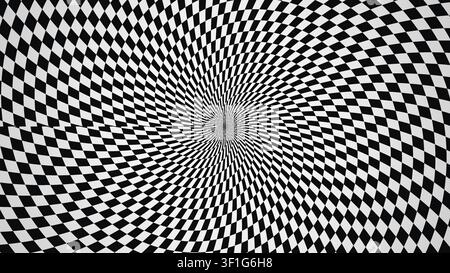 Das Design zeigt ein spiralförmiges Muster aus schwarz-weißen karierten Quadraten, das einen dynamischen visuellen Effekt erzeugt, der im Zentrum des Bildes platziert ist. Die karierten Quadra Stockfoto