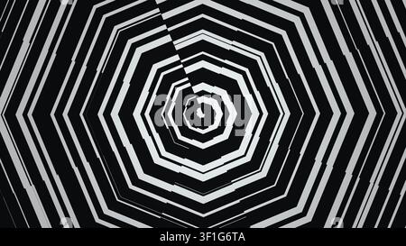 Das Design zeigt eine Reihe von konzentrischen Hexagonen in Schwarz und Weiß. Das Muster erzeugt einen auffälligen visuellen Effekt mit scharfen Linien und Kontrast Stockfoto