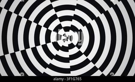 Dieses Design zeigt eine Reihe von schwarzen und weißen kreisförmigen Formen, die ein geometrisches Spiralmuster bilden. Die sich wiederholenden Linien erzeugen visuelles Interesse und Stockfoto