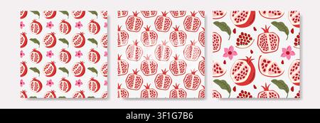 Sammlung von schönen nahtlosen Mustern mit ganzen und geschnittenen roten Granatäpfeln, saftigen Kernen und zarten Blumen in einem einfachen handgezeichneten flachen Stil Stock Vektor